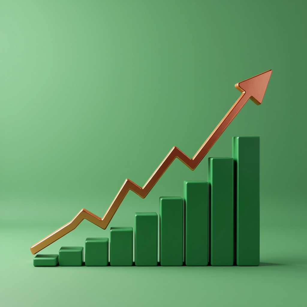 環境配慮型洗浄製品の市場成長を示すグラフ、上昇トレンドライン、プロフェッショナルなビジネスチャート、緑と銅色