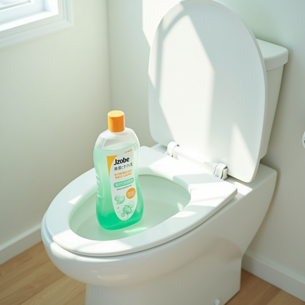 清潔な日本の家庭のトイレとJPzobe Cleanerのボトル、自然光が差し込む明るく清潔な空間