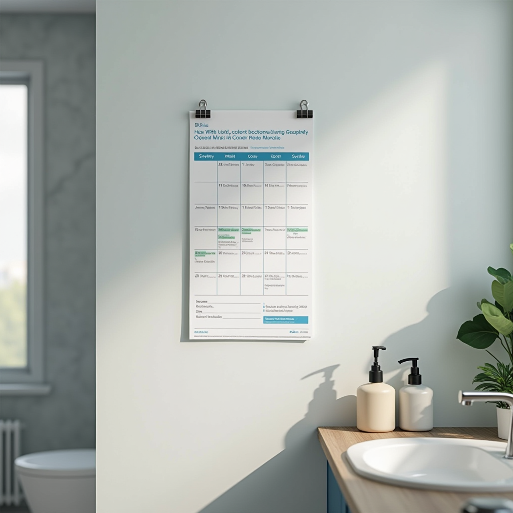 JPzobeサブスクリプションサービスの概要 - モダンなバスルームに清掃製品とサービススケジュールカレンダーが壁に表示されている様子