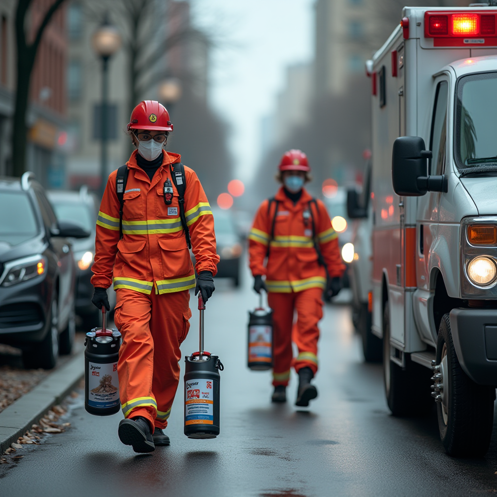 24時間緊急対応チームが専門機器を持って到着する様子。JPzobe塩系クリーナーの専用ボトルとプロ仕様の洗浄ツールを装備したスタッフ