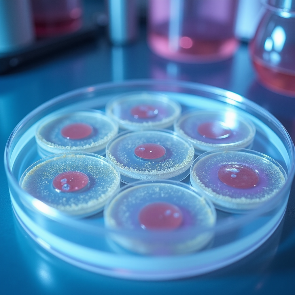 ペトリ皿に細菌増殖抑制ゾーンを示す研究室試験装置の写真