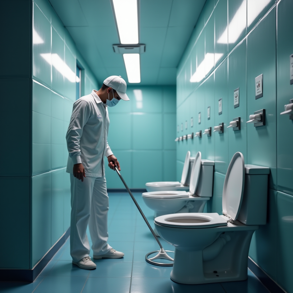 専門家による点検サービス - JPzobeスペシャリストがチェックリストと清掃機器を使用して徹底的なトイレ点検を実施している様子