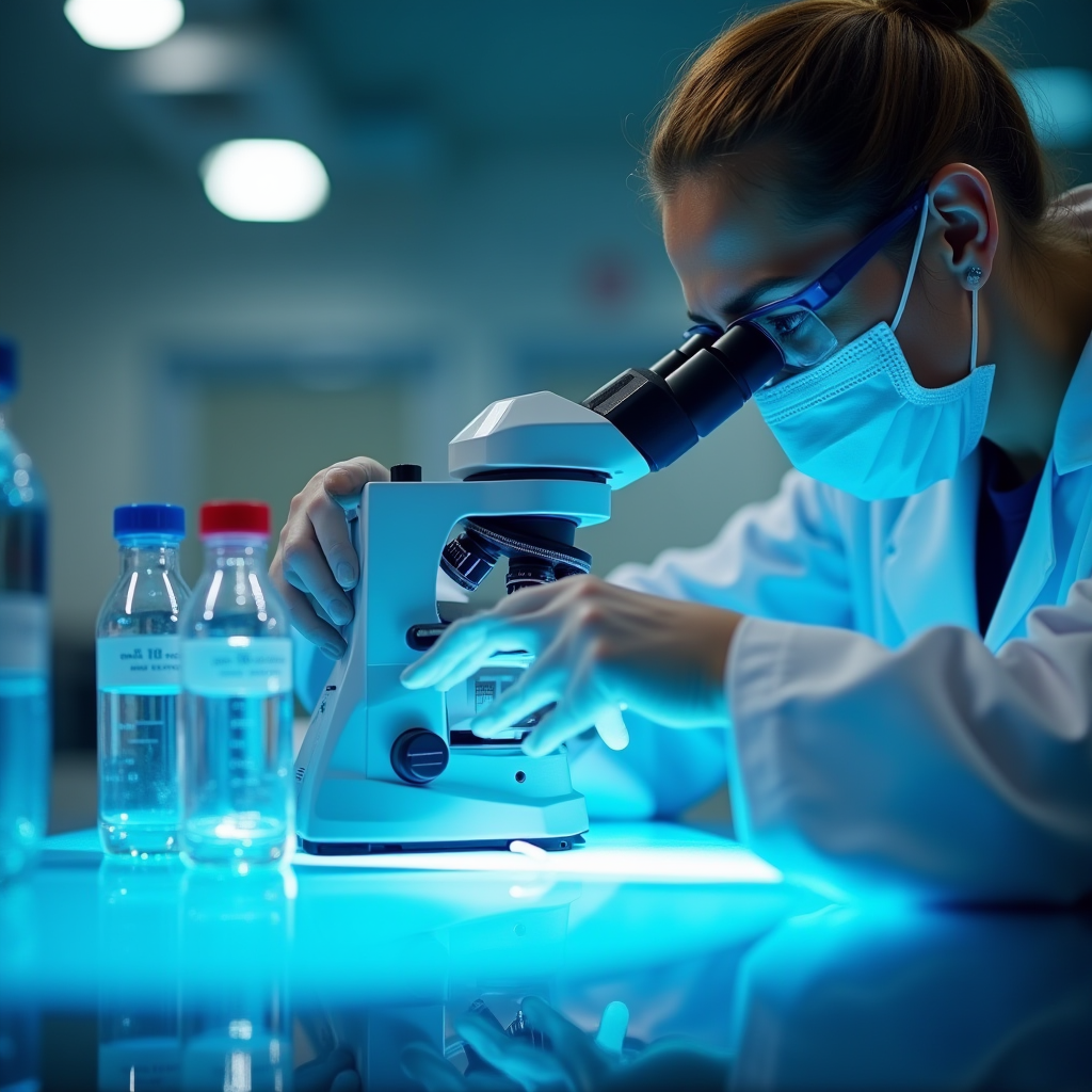 先進的な機器で細菌培養を検査する研究室の微生物学者