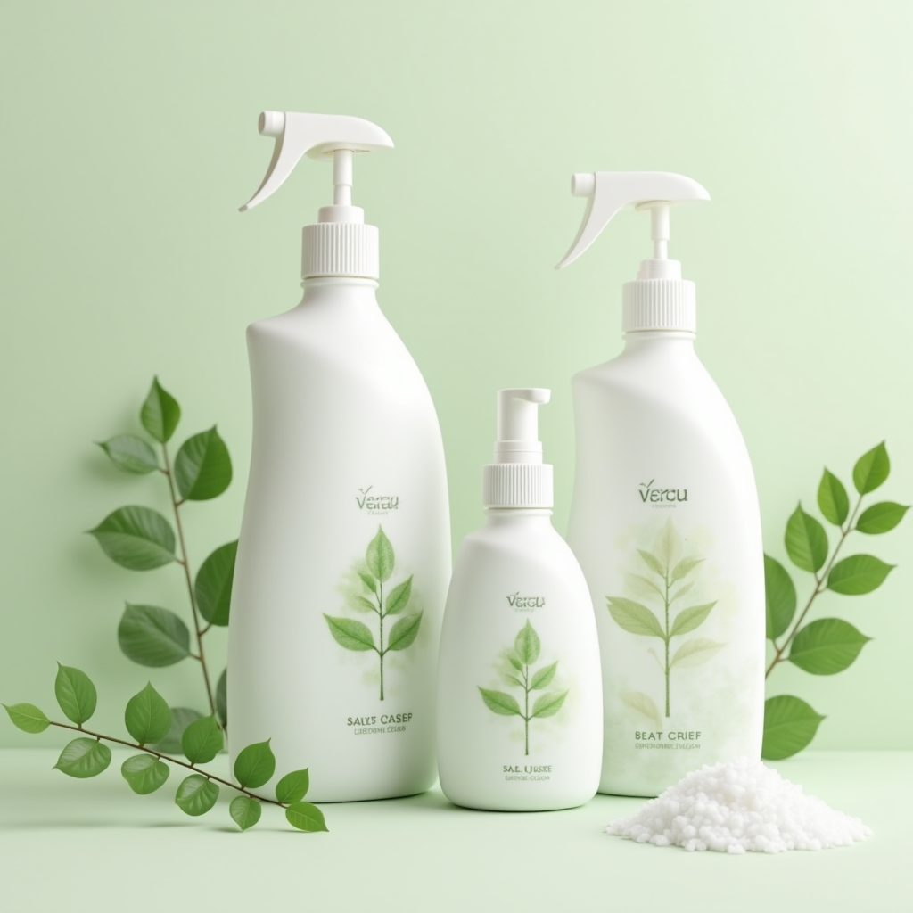 塩ベースのクリーナーと緑の持続可能性のシンボルを使った現代日本のエコフレンドリーな清掃製品のディスプレイ