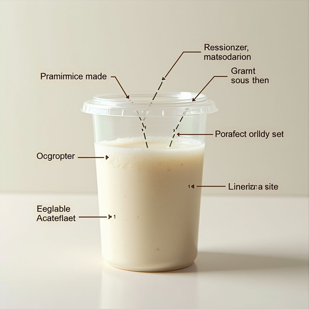 JPzobeクリーナーの生分解性パッケージの詳細図。バイオプラスチック容器の構造、水溶性ラベル、リサイクルマークなどが明確に示されている