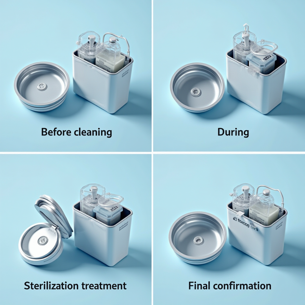 完全除菌プロセスの各段階。洗浄前、洗浄中、除菌処理、最終確認の4段階を示す写真