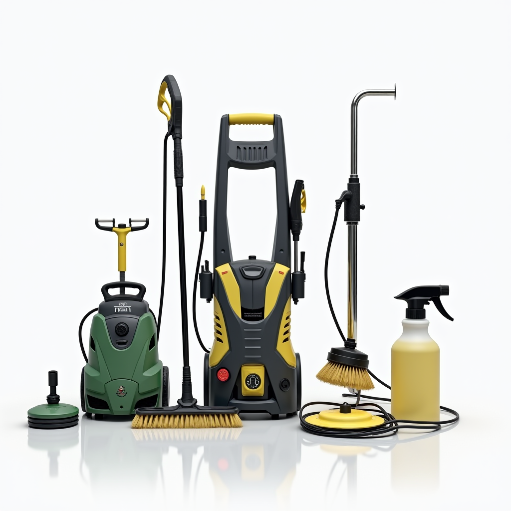 プロ仕様の洗浄機器一式。高圧洗浄機、専用ブラシセット、ATP測定器、濃縮クリーナー噴霧器などの専門機材