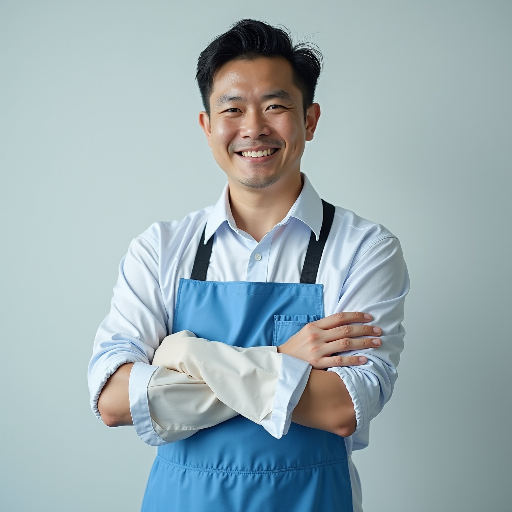 田中一郎氏のプロフェッショナルな肖像写真、清掃用具を持ち、清潔な制服を着用