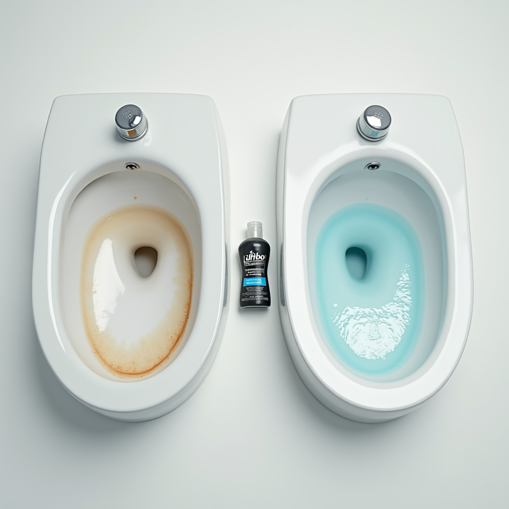 トイレ便器のビフォーアフター比較、左側は汚れあり、右側はピカピカに清潔、中央にJPzobe Cleanerのボトル