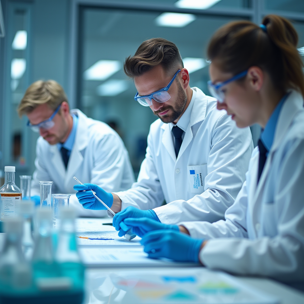 研究開発実験室、白衣を着た科学者たちが配合をテスト、ビーカーと機器、プロフェッショナルな環境